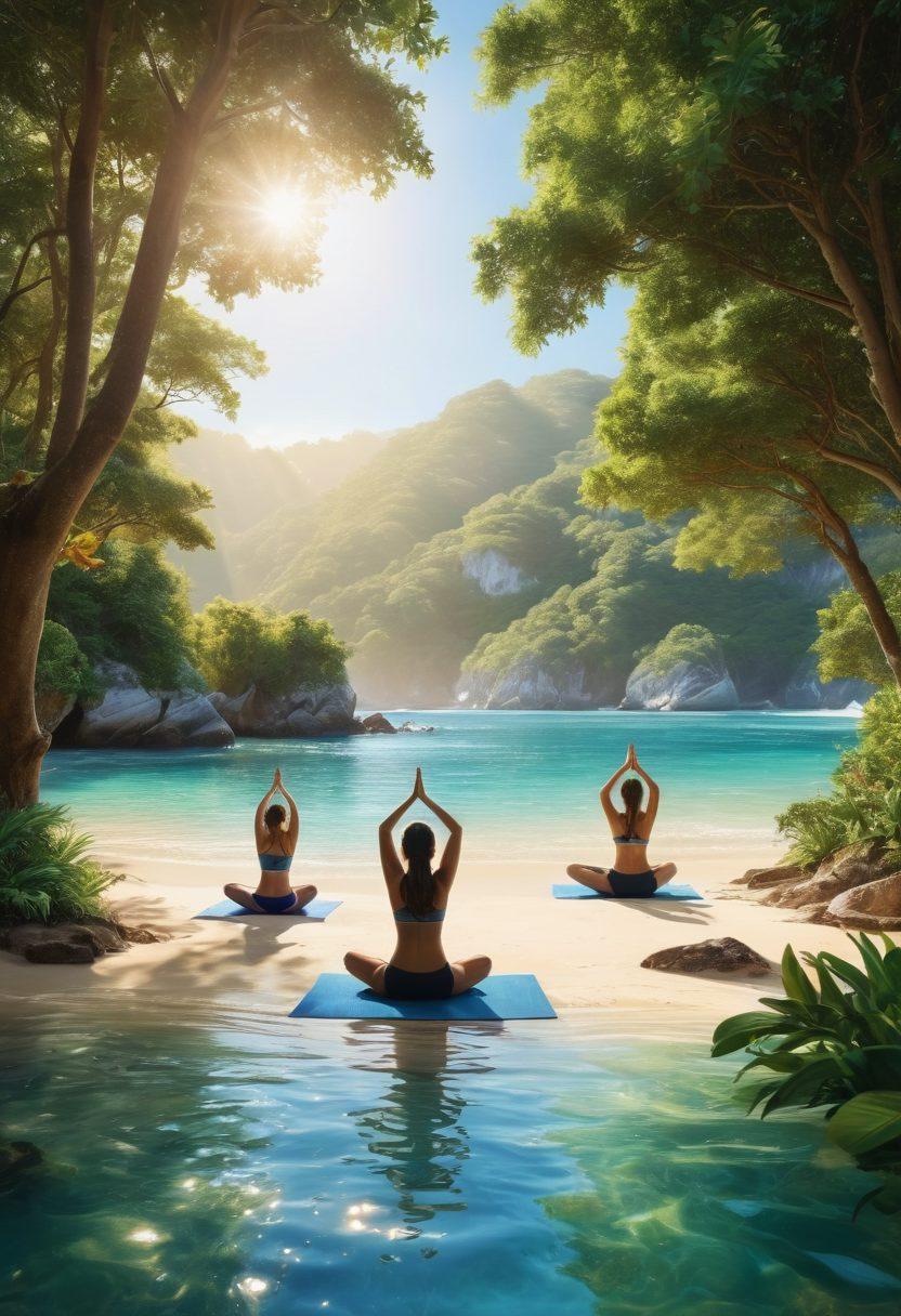 A serene beach scene featuring diverse individuals of various body types joyfully engaging in activities like yoga, sunbathing, and laughing together, surrounded by lush greenery and crystal-clear water. The atmosphere radiates a sense of freedom, acceptance, and celebration of natural beauty. Soft sunlight illuminates the scene, creating a warm and inviting ambiance. super-realistic. vibrant colors.